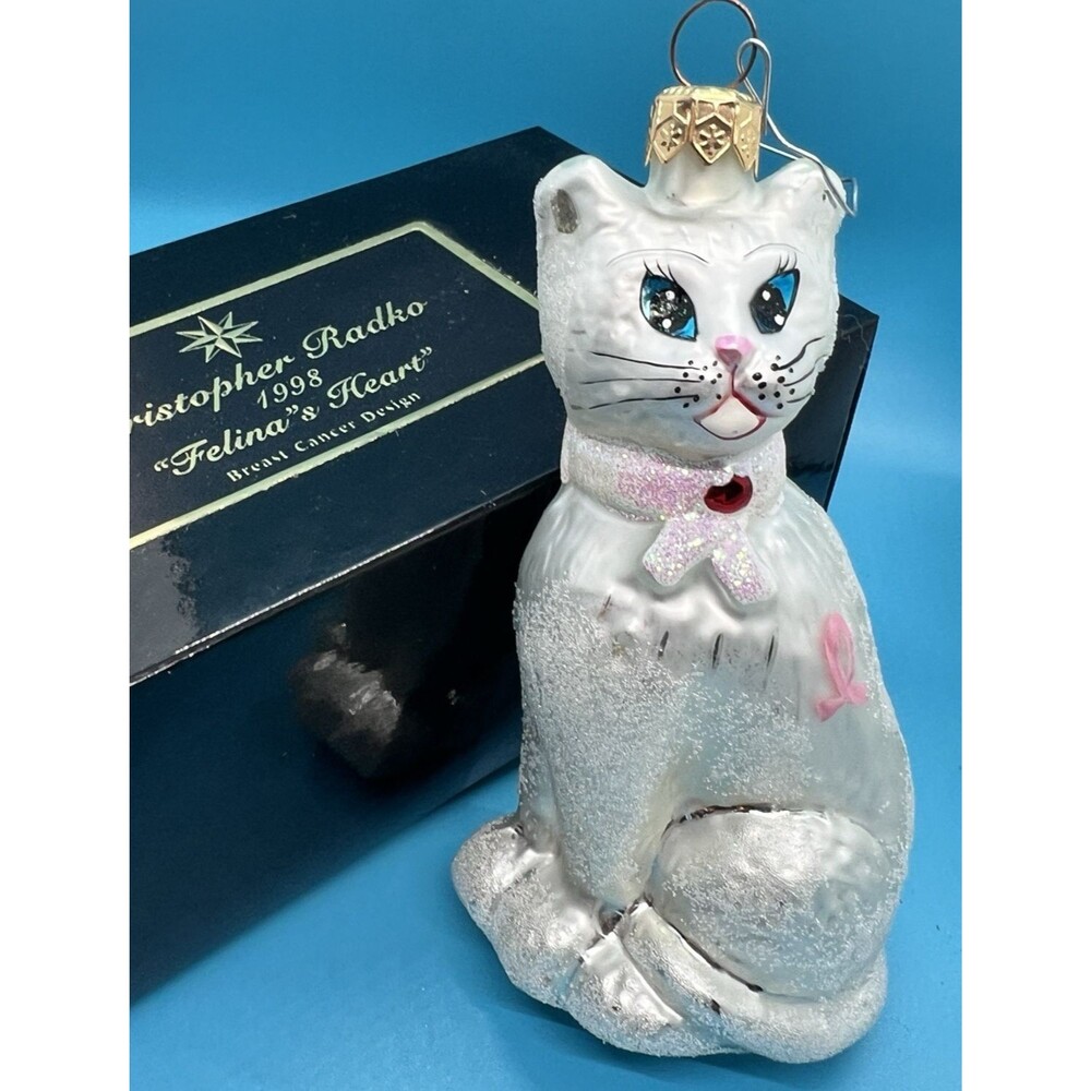 CHRISTOPHER RADKO 1998 Felina's Heart Breast Cancer Ornament Box christmas cat